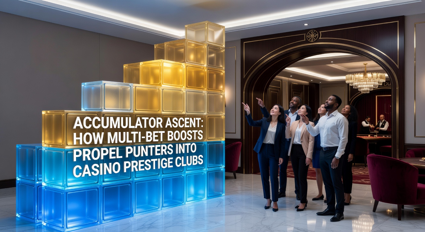 Dynamic graphic showing stacked accumulator bets climbing toward glowing VIP casino tiers, with boost multipliers amplifying the ascent