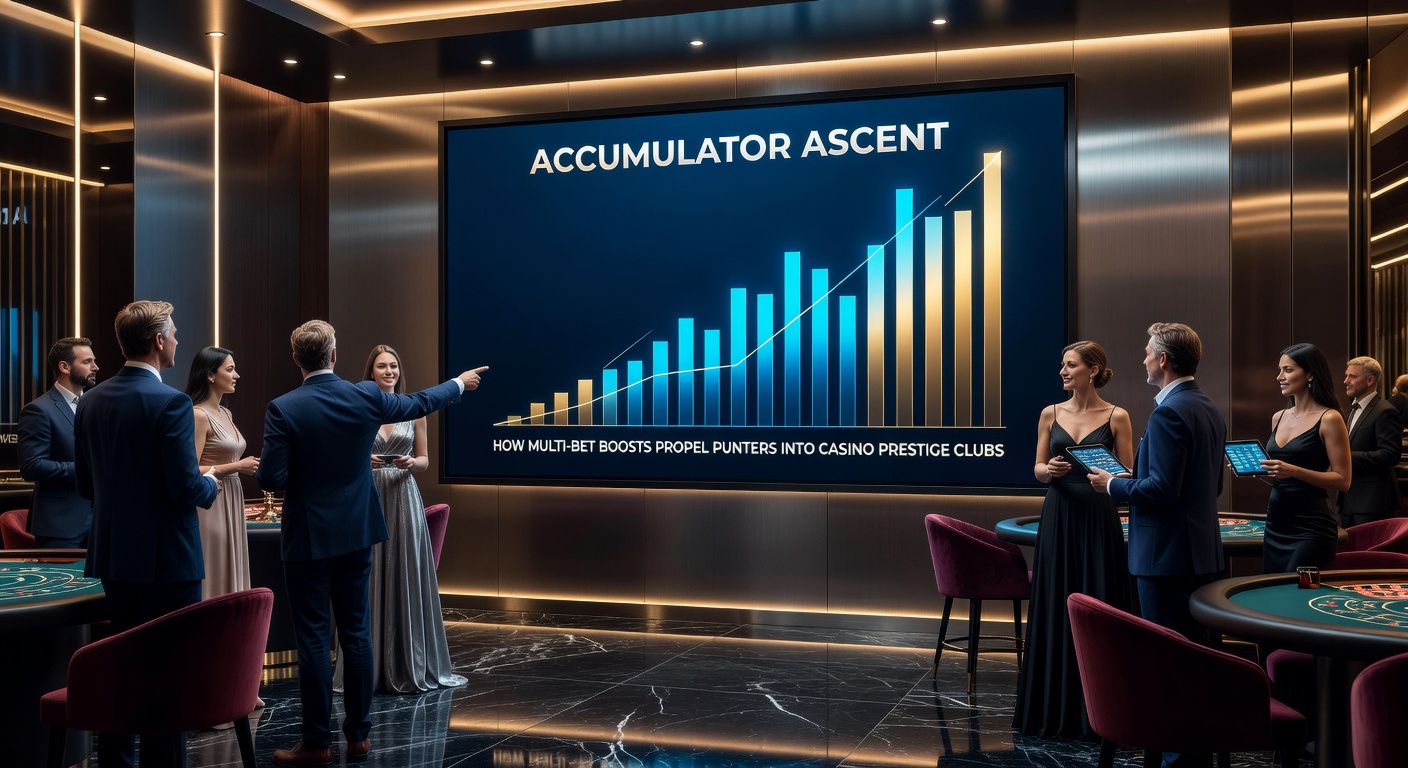 Punters celebrating a massive acca win at a sleek casino VIP lounge, surrounded by prestige club symbols like gold chips and tier badges