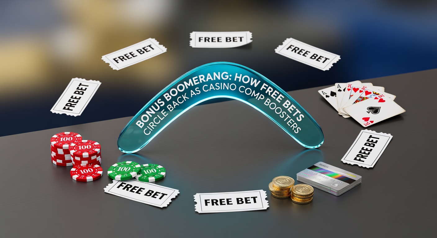Illustration of a boomerang shaped like a casino chip returning through a sportsbook bet slip, symbolizing the cycle of free bets turning into comp rewards