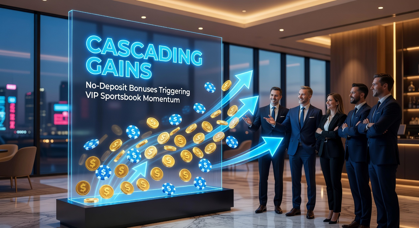 Dynamic graphic showing cascading bonus chips flowing into a VIP sportsbook ladder, symbolizing momentum buildup from no-deposit offers