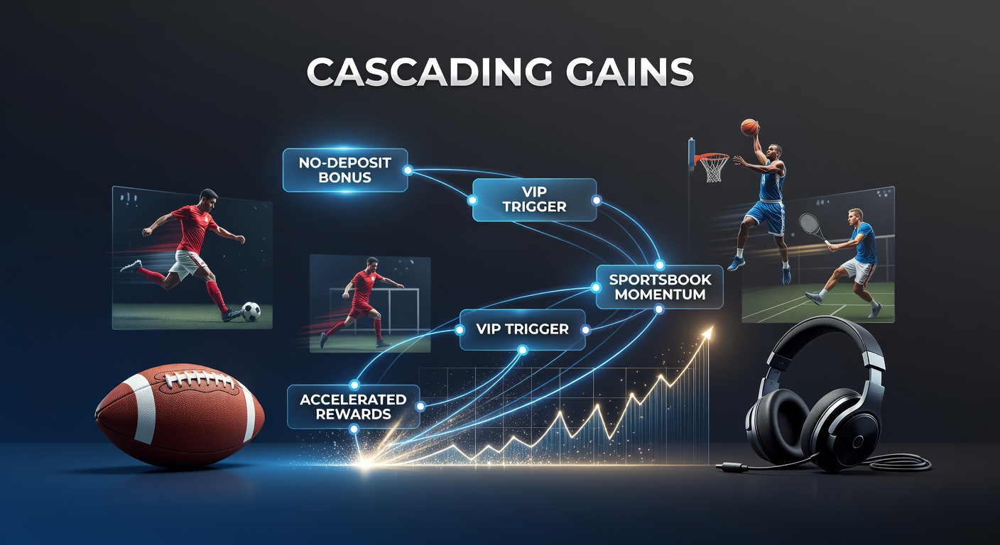 Chart depicting upward momentum trajectory from no-deposit bonuses to VIP rewards in sportsbooks, with icons for free bets, tiers, and profit cascades