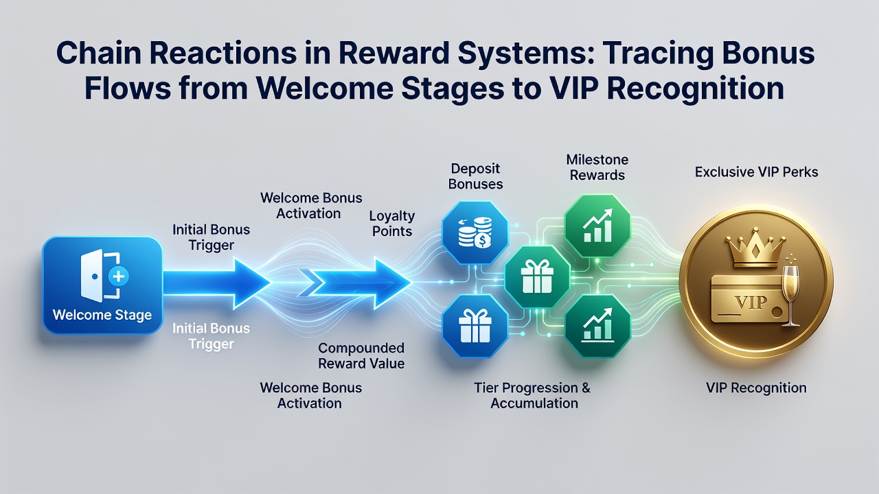 Flowchart illustrating how initial welcome bonuses connect to reload offers and eventually lead into VIP tier qualification metrics