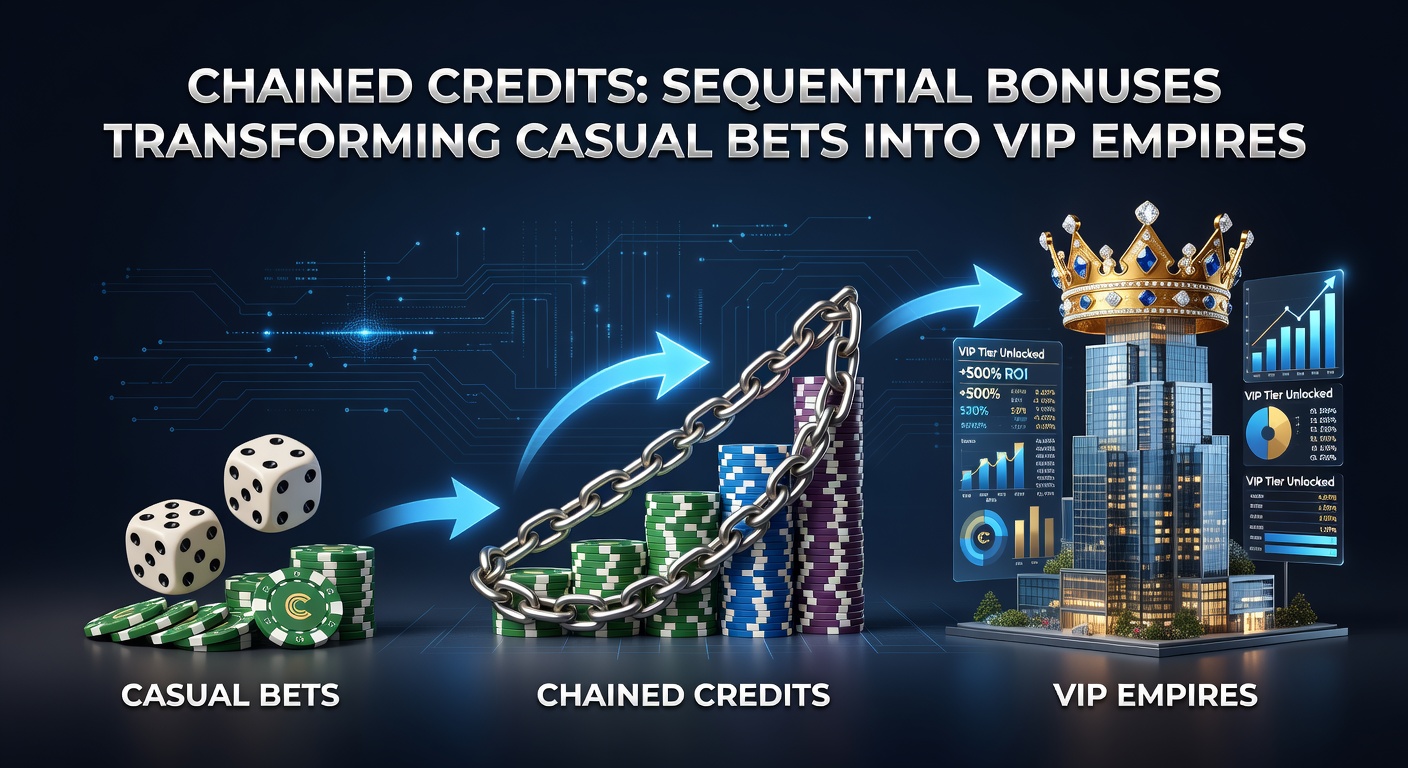 Graphic depicting a chain reaction of bonuses escalating from entry-level free credits to VIP lounge access
