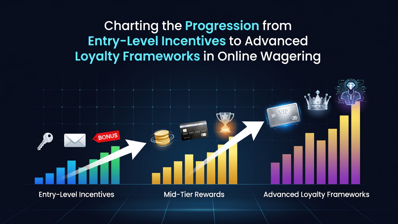 Illustration showing the progression from basic welcome bonuses to advanced loyalty tiers in online wagering platforms