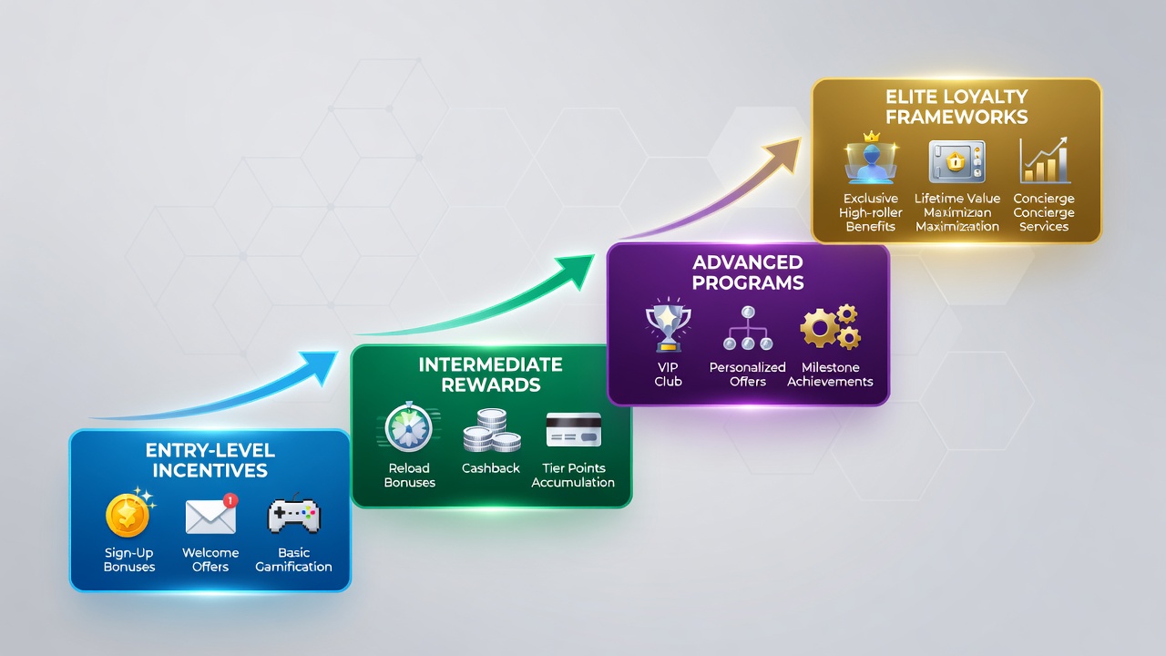 Diagram of loyalty tier progression in online wagering with icons representing different reward levels