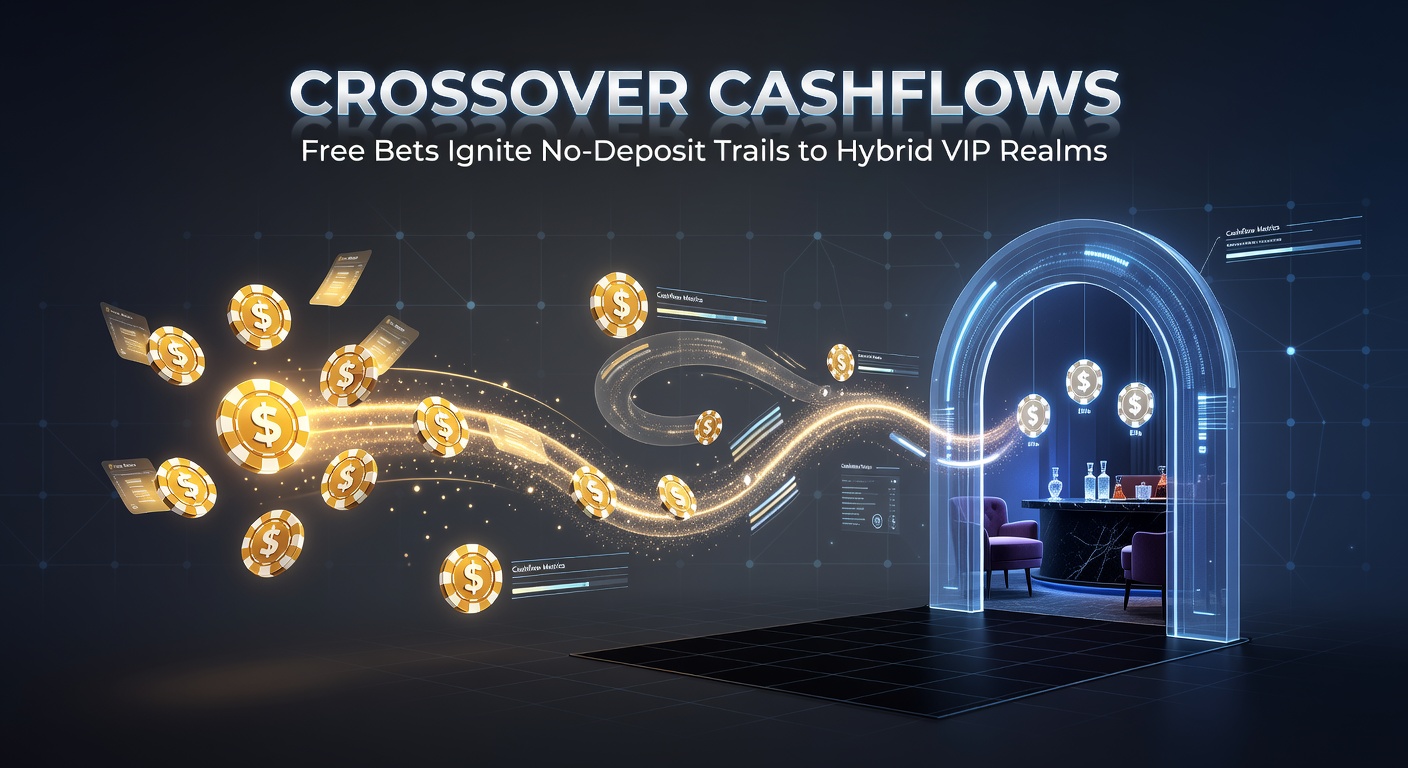 Digital graphic showing cashflow arrows from free bet sportsbook icons crossing over to casino VIP tiers, with glowing hybrid platform elements