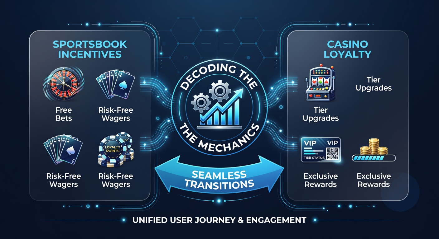 Diagram depicting point conversion ratios and tier progression between sportsbook and casino sections of a unified loyalty program
