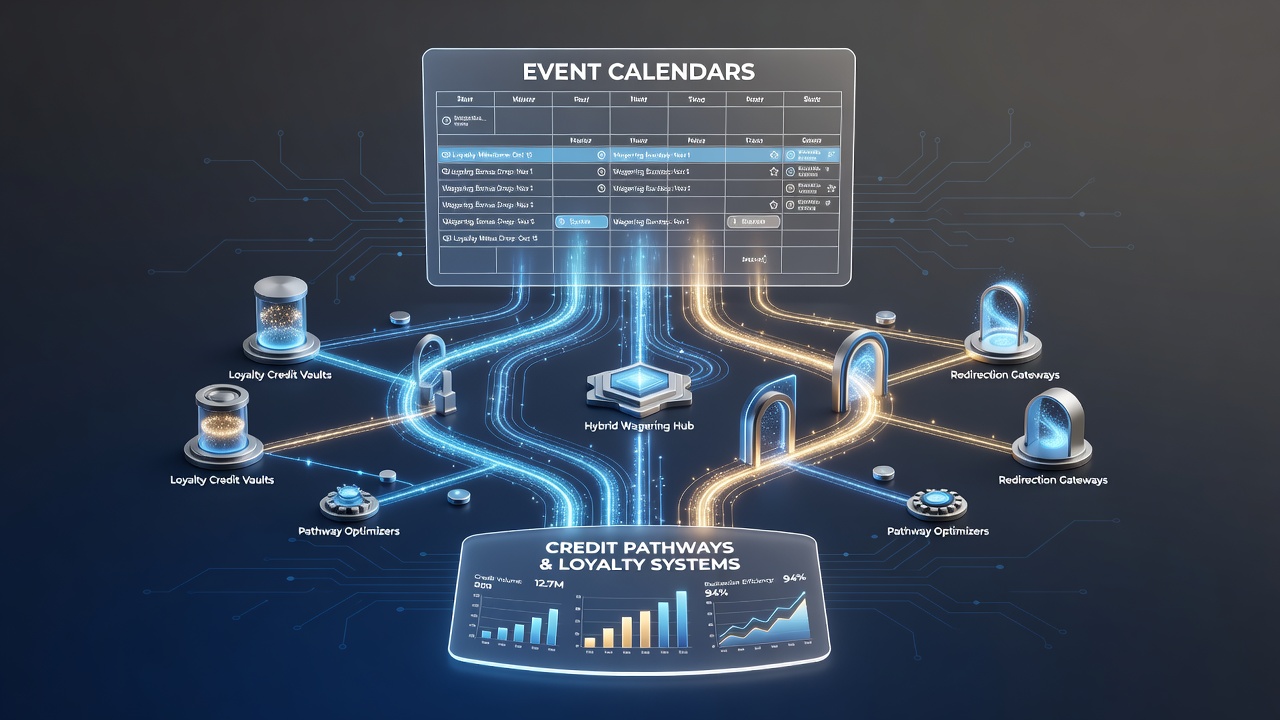 Diagram showing event calendars directing credit pathways through hybrid wagering loyalty platforms