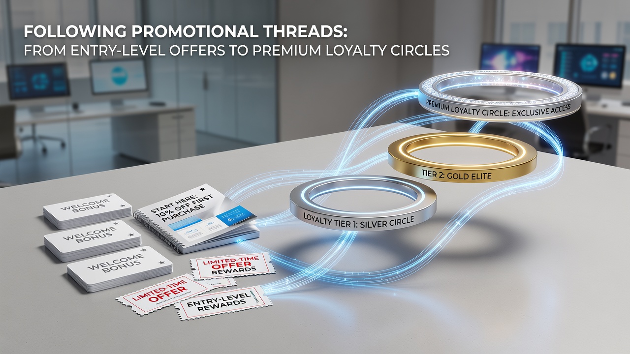 Promotional threads diagram showing progression from basic welcome bonuses through tiered rewards to exclusive VIP loyalty programs