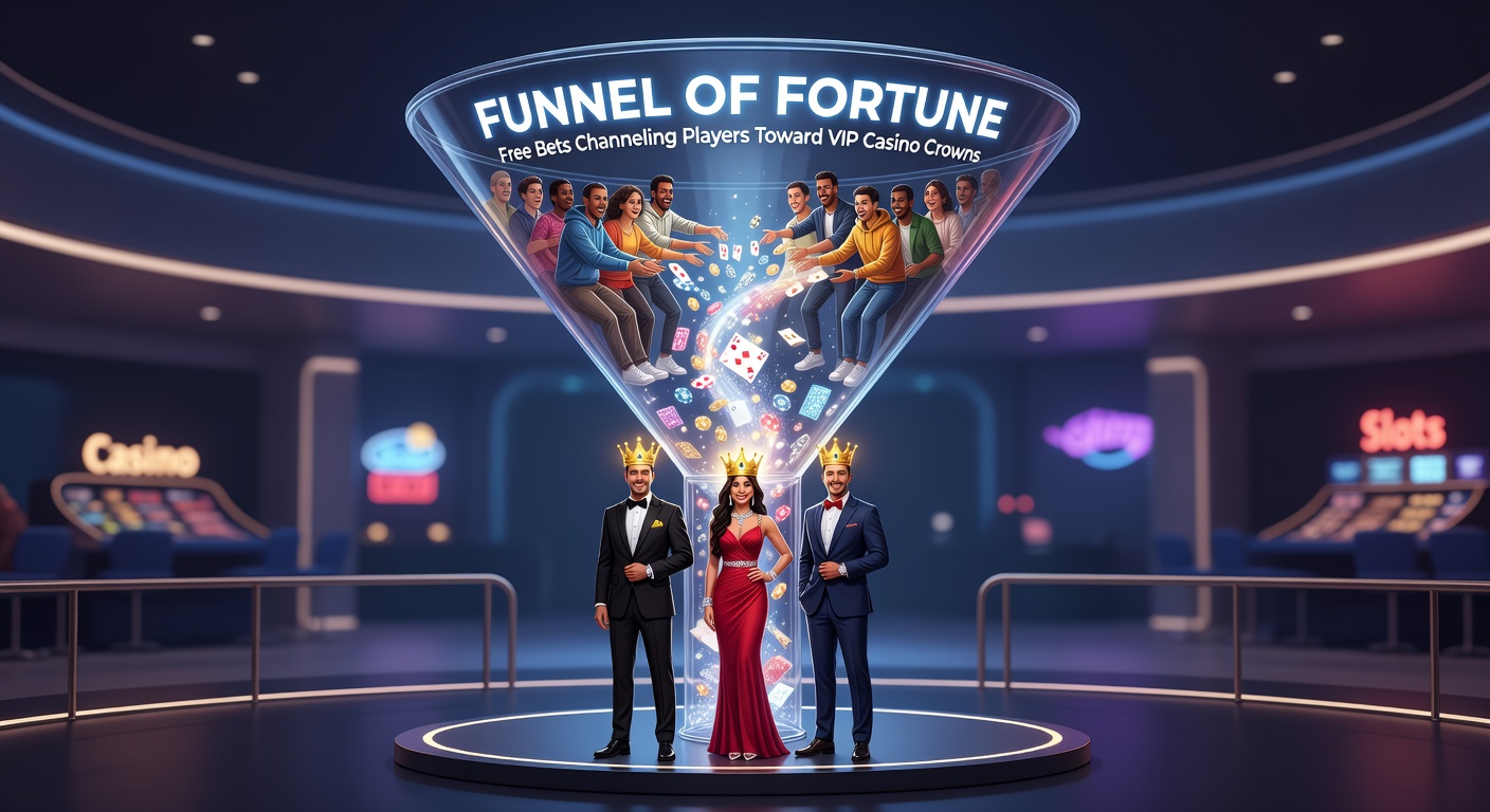 Digital graphic showing a funnel channeling colorful betting chips from sports icons toward a glowing casino VIP crown atop a pedestal