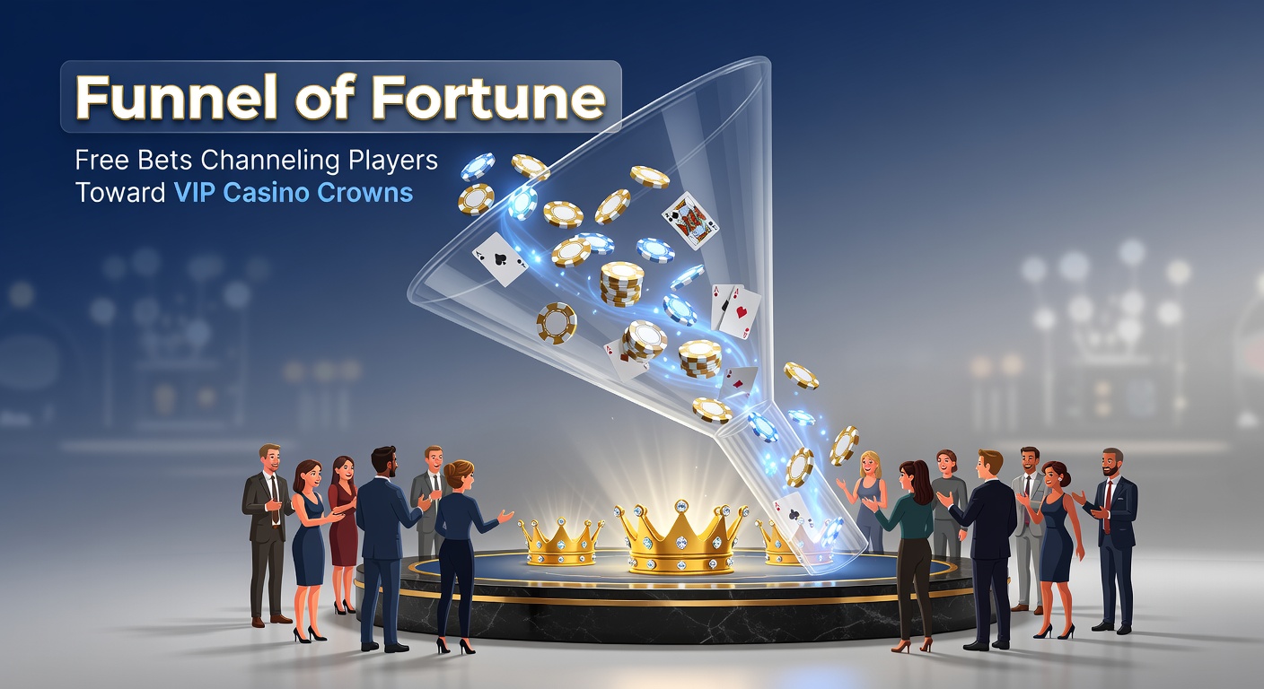 Infographic illustrating a pipeline from free bet icons flowing through casino slot machines and tables up to a VIP crown, with stats on conversion rates overlaid