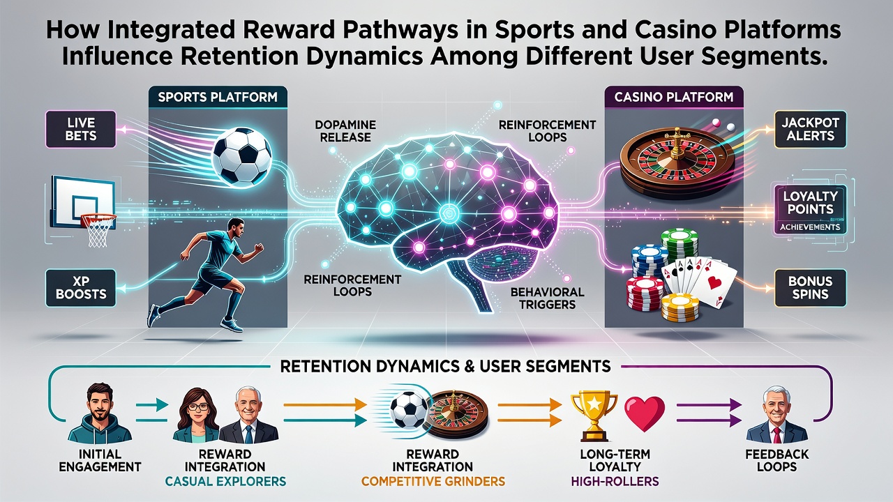 Integrated reward pathways diagram showing sports betting bonuses transitioning into casino loyalty tiers across user segments