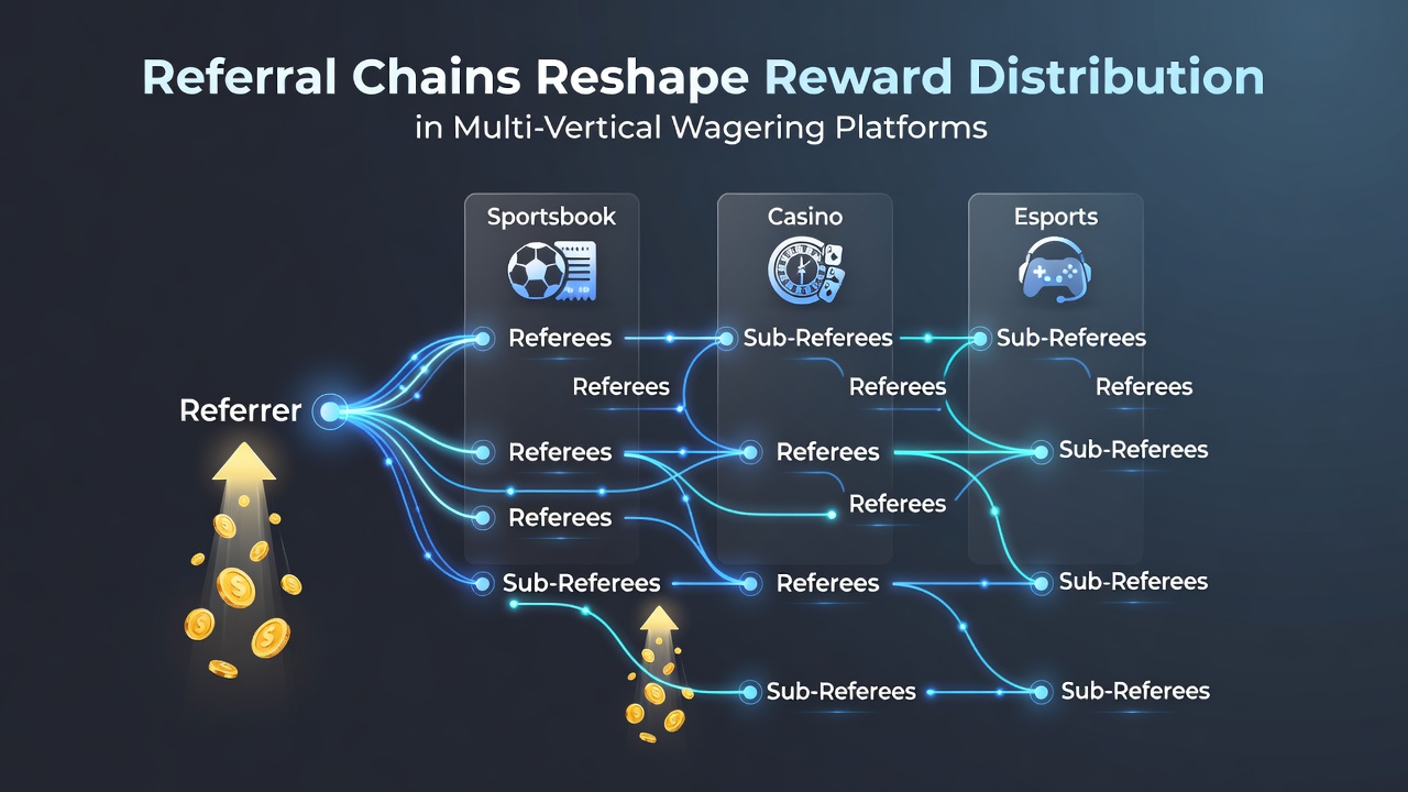 Diagram showing referral chain structures linking sports betting and casino verticals with reward flow arrows