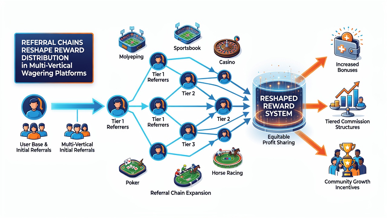 Flowchart illustrating reward percentages moving through referral tiers in a multi-vertical platform