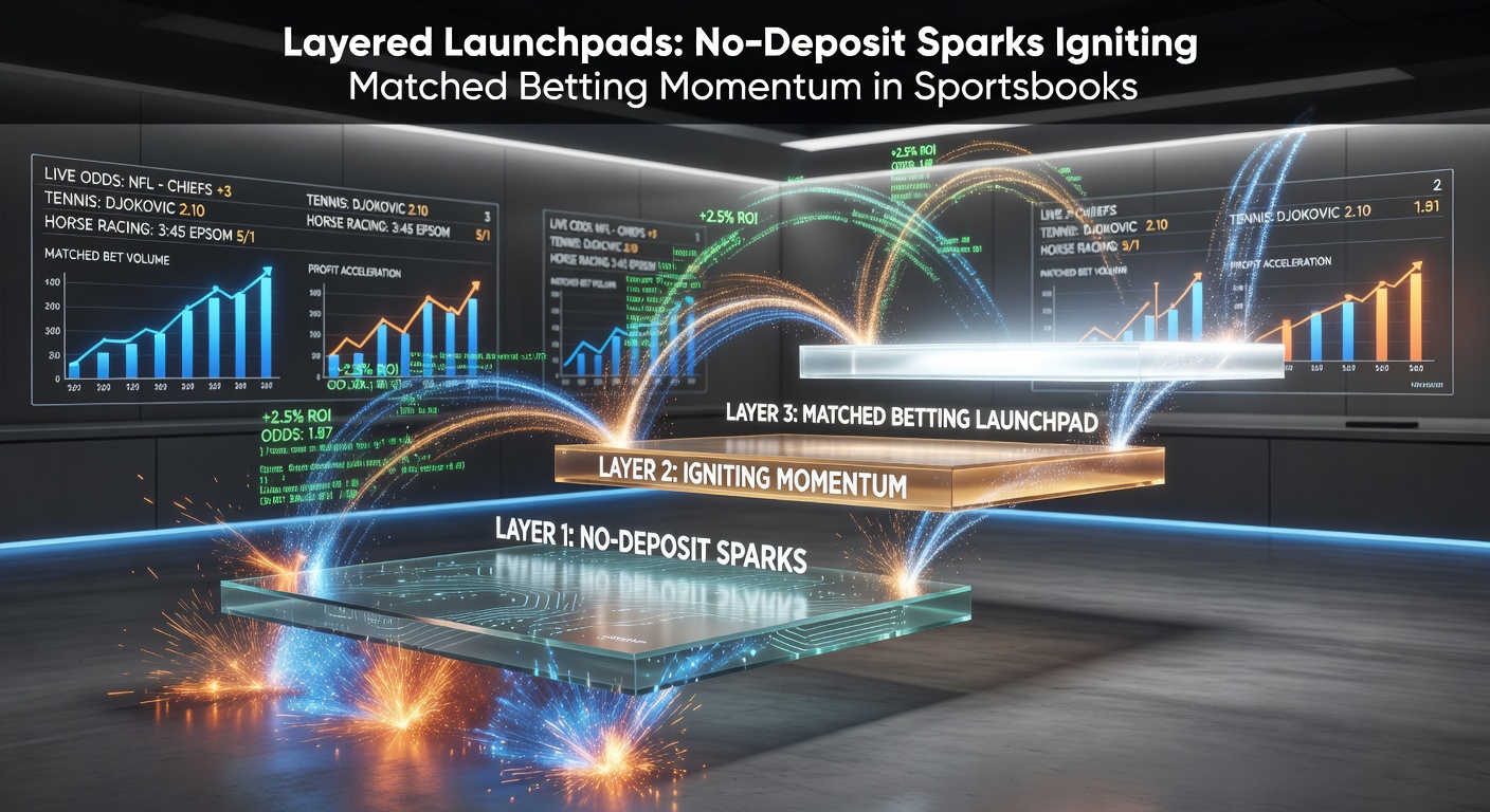 Illustration of layered no-deposit bonuses building momentum in a sportsbook interface, showing sparks igniting betting chains