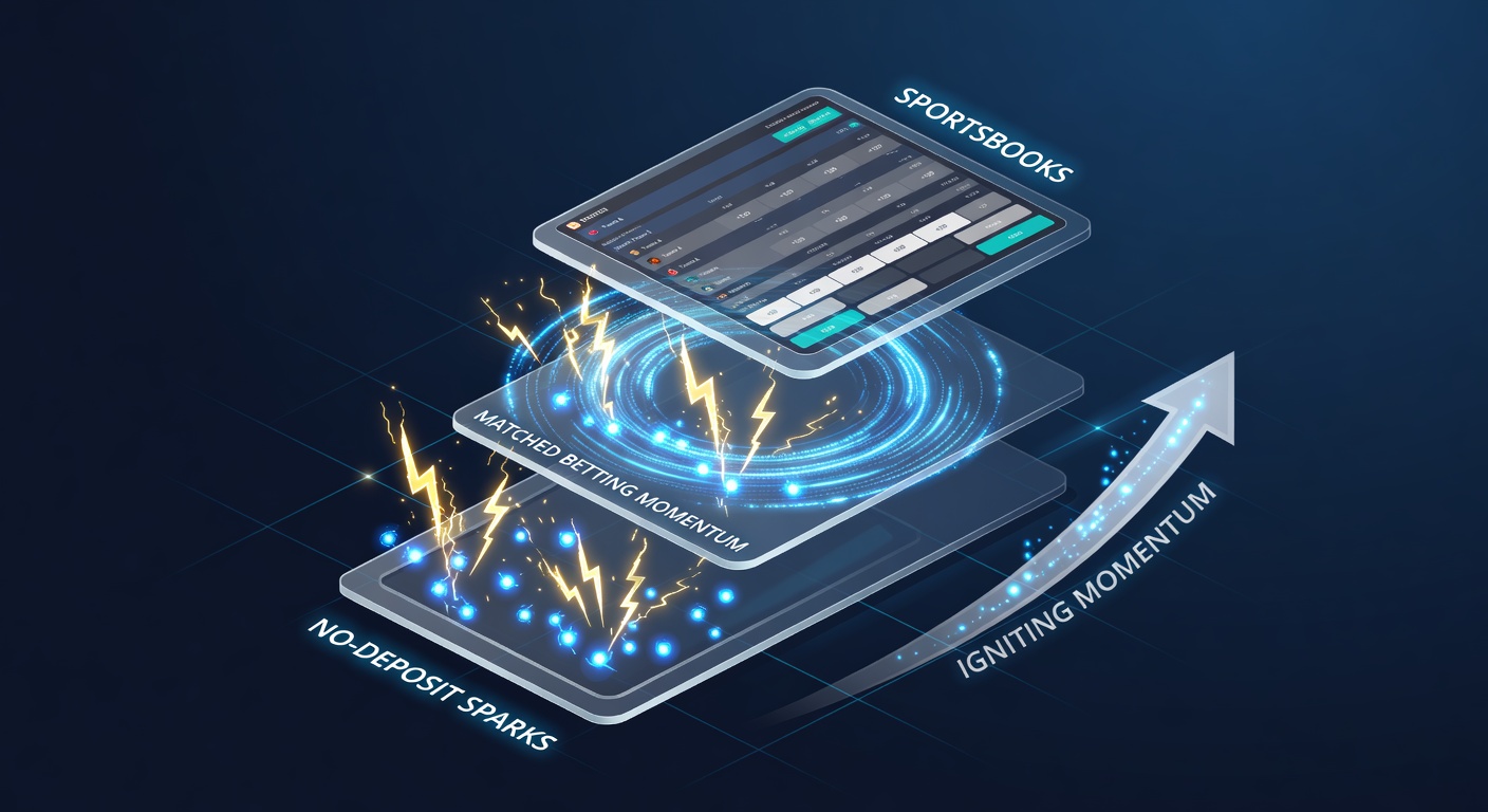 Graphic depicting a chain reaction of no-deposit bonuses exploding into matched betting profits on a sportsbook dashboard