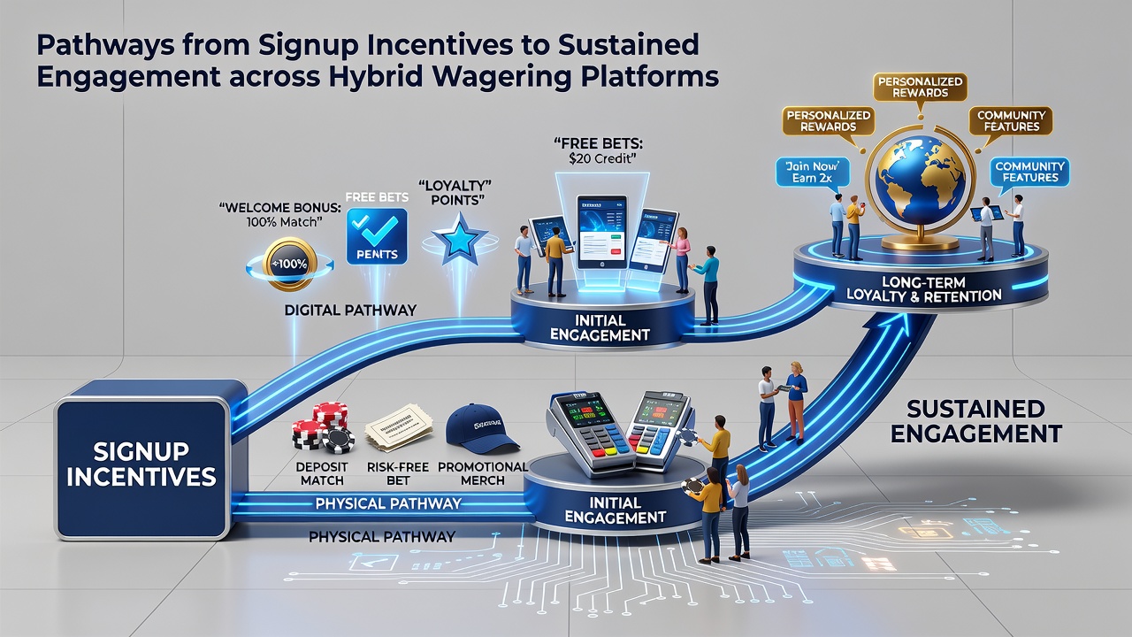 Illustration showing the progression from signup incentives through engagement stages on hybrid wagering platforms