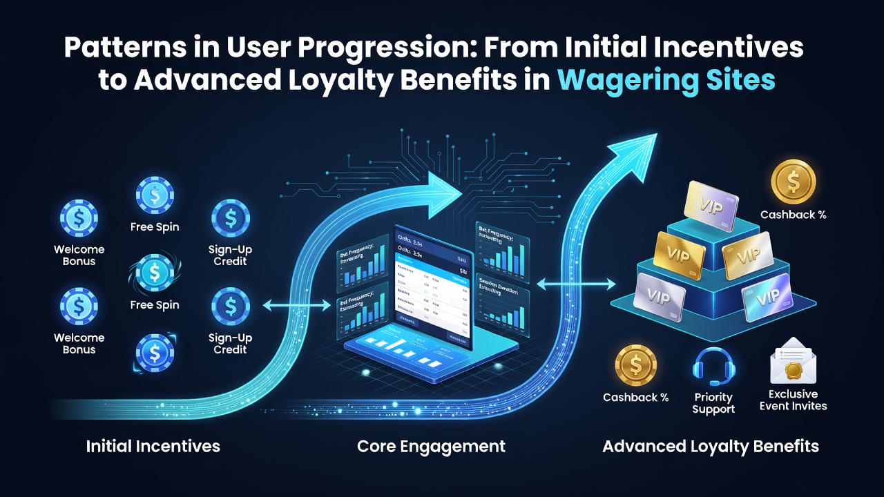 Diagram showing progression stages from welcome bonuses to advanced loyalty tiers on wagering platforms