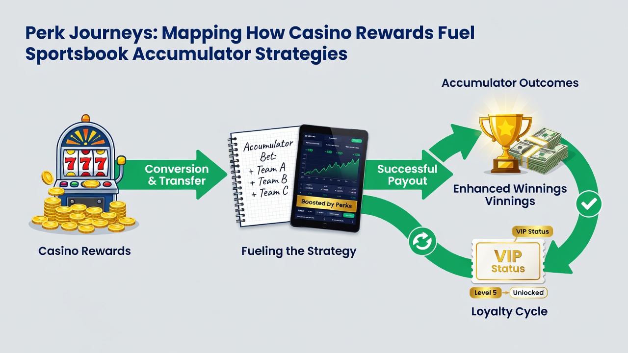Flowchart depicting steps from earning casino points to placing accumulator bets in sportsbooks