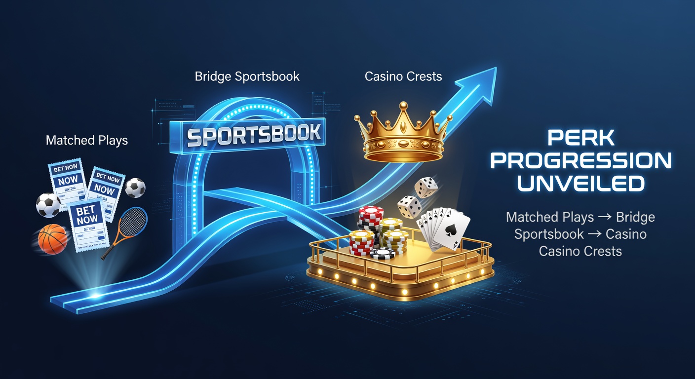 Illustration of a pathway from sportsbook bets ascending to casino VIP peaks with perk icons along the route