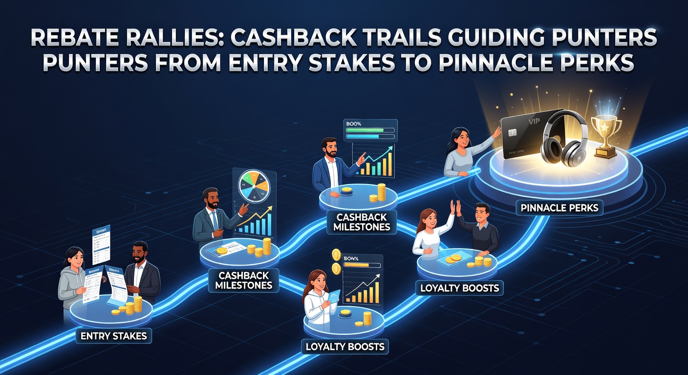 Bettors navigating a winding cashback trail upward toward glowing VIP perks in a stylized gambling landscape