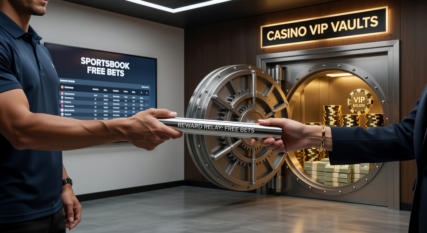 Digital graphic showing a relay baton passing free bet tokens from a sportsbook platform to a glowing casino VIP vault filled with rewards