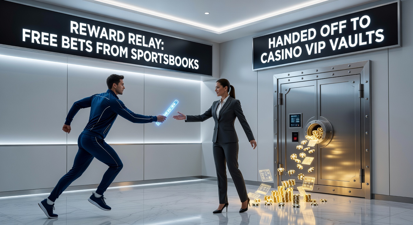 Infographic illustrating a relay race where runners pass free bet icons from sportsbook hurdles to casino vault finish line, with stats on conversion rates