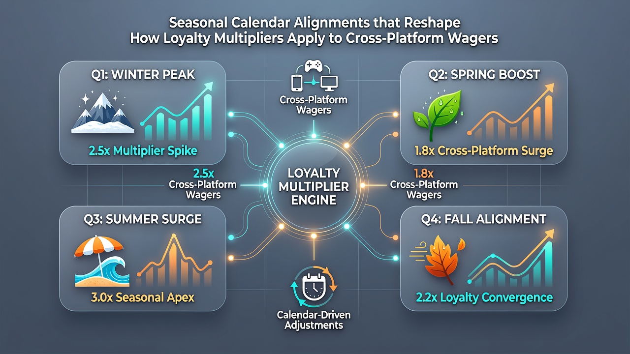 Infographic showing cross-platform wager flows and multiplier scaling during aligned tournament seasons