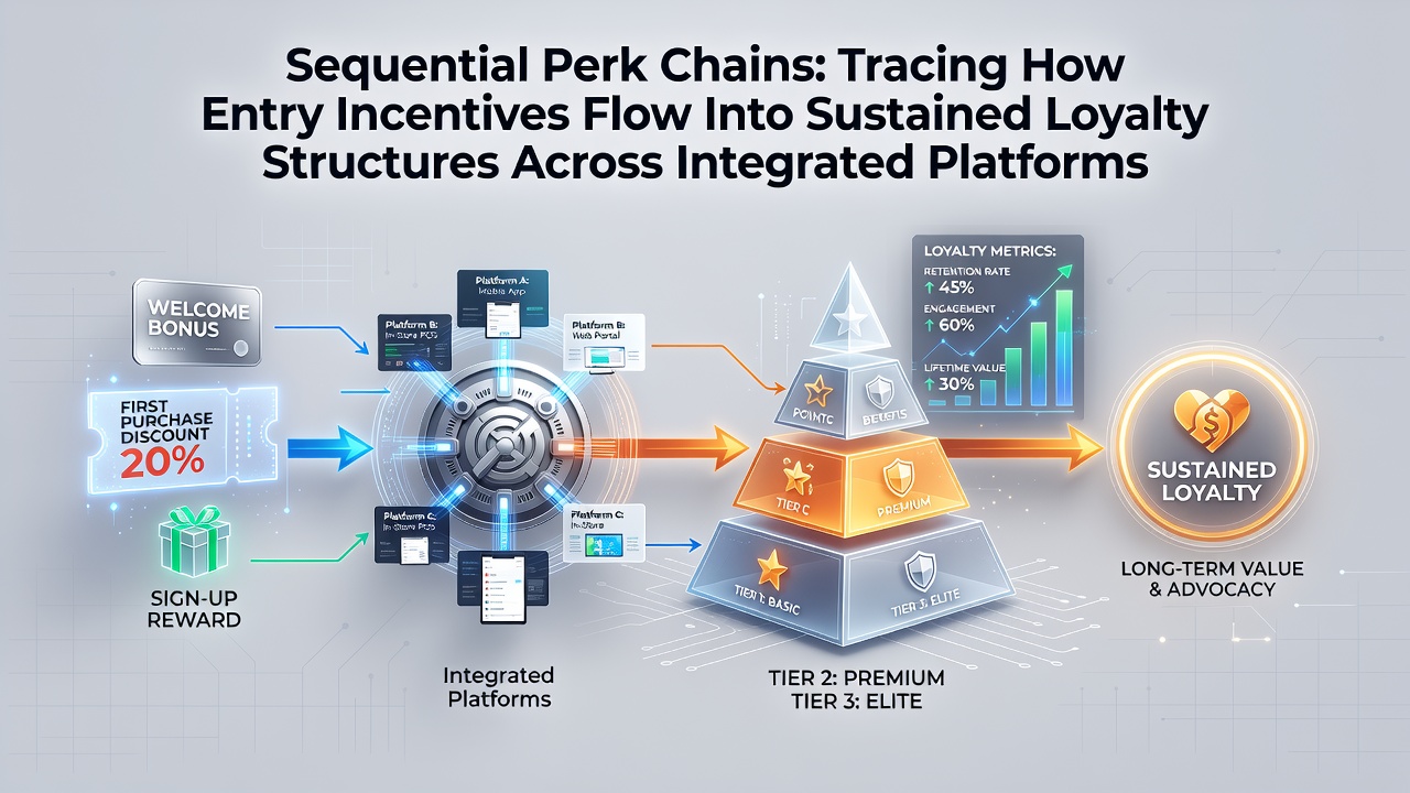 Diagram showing the progression from initial welcome bonuses through tiered rewards to sustained loyalty structures in integrated gaming platforms