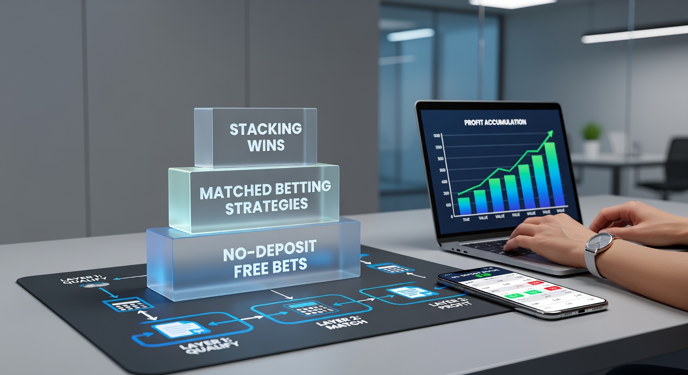 Infographic depicting a step-by-step layering process with arrows connecting no-deposit offers to profit stacks, alongside exchange lay bets