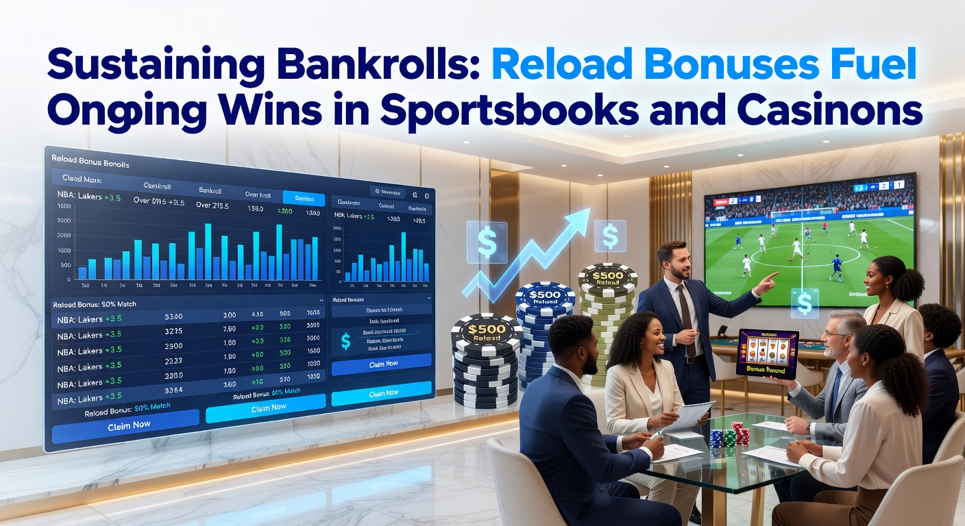 Vibrant graphic showing a growing stack of casino chips next to a sportsbook betting slip, symbolizing sustained bankroll growth through reload bonuses
