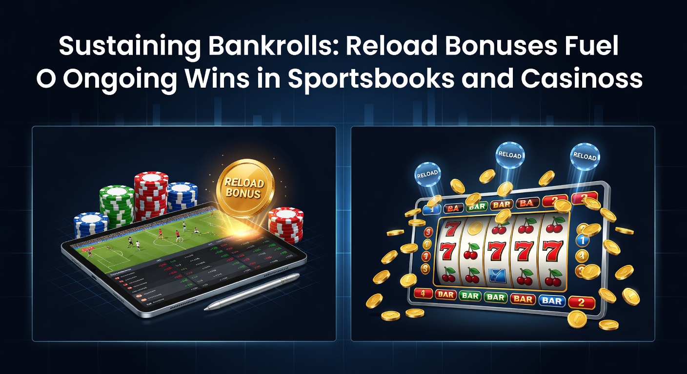 Dynamic image of slot reels aligning wins alongside a deposit confirmation screen highlighting a reload bonus credit, illustrating casino bankroll extension