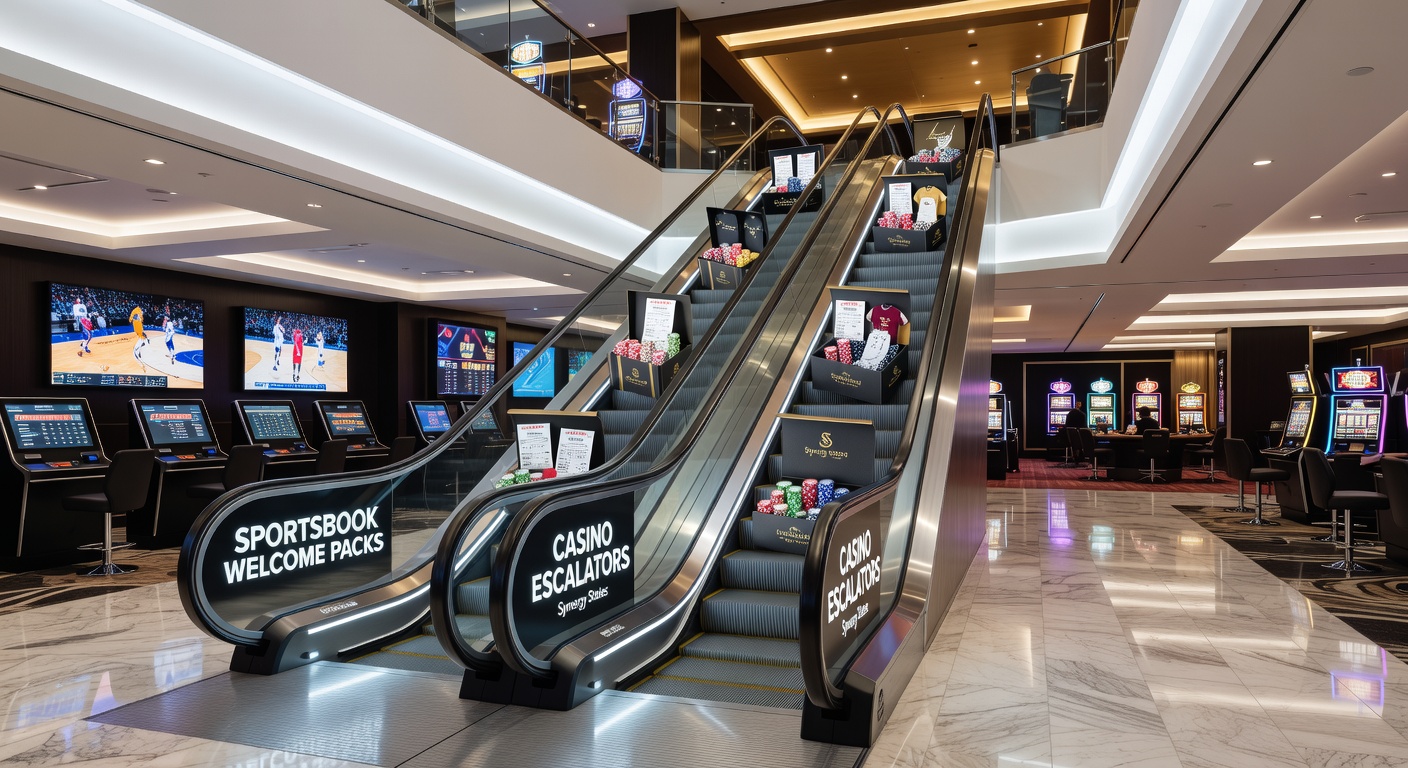 Digital graphic showing a sportsbook welcome bonus morphing into ascending casino slot reels and chip stacks, symbolizing reward synergy