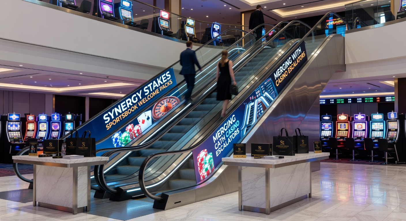 Infographic illustrating a flowchart from sportsbook welcome bonus to multi-tier casino escalator, with icons for bets, spins, and rising reward bars