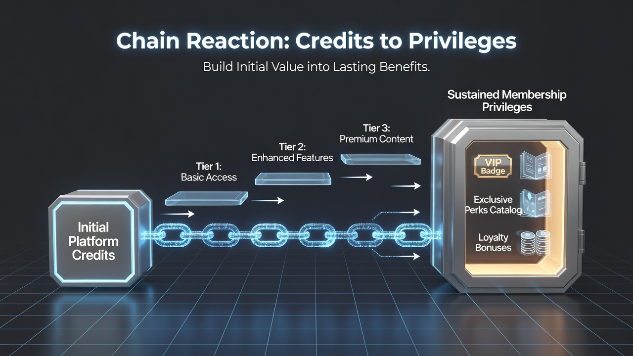 Diagram depicting credit flow between sportsbook and casino interfaces leading to elevated membership status