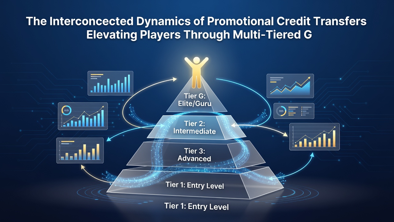 Diagram showing layered reward hierarchy with arrows indicating credit transfer routes between betting and casino sections