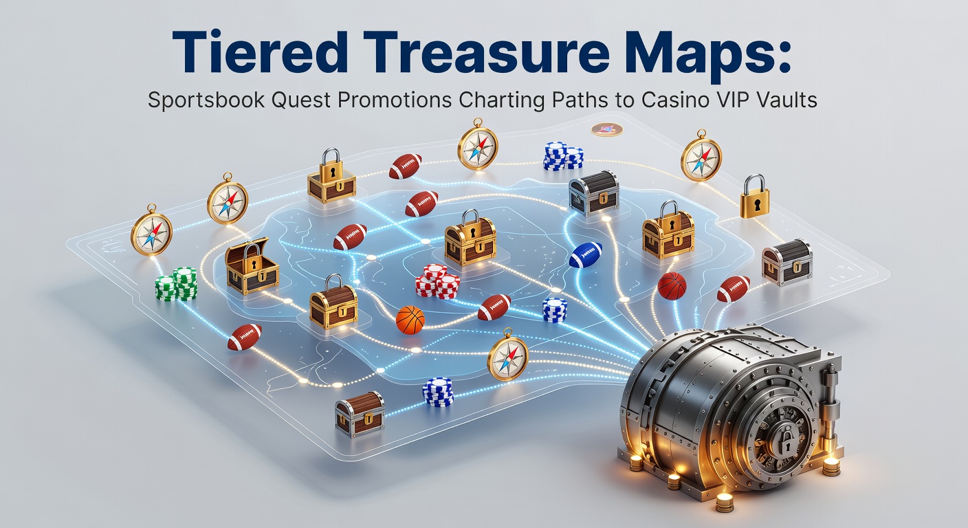 Vibrant digital treasure map showing tiered paths from sportsbook bets to glowing casino VIP vaults, with quest icons along the way