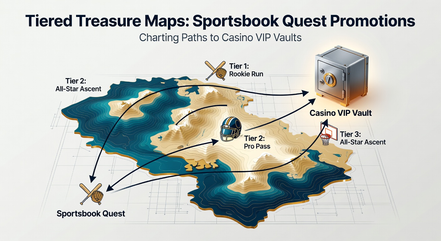 Close-up of a mobile app screen displaying a multi-tier quest progress bar, icons for completed sportsbook challenges leading to casino VIP badge unlocks