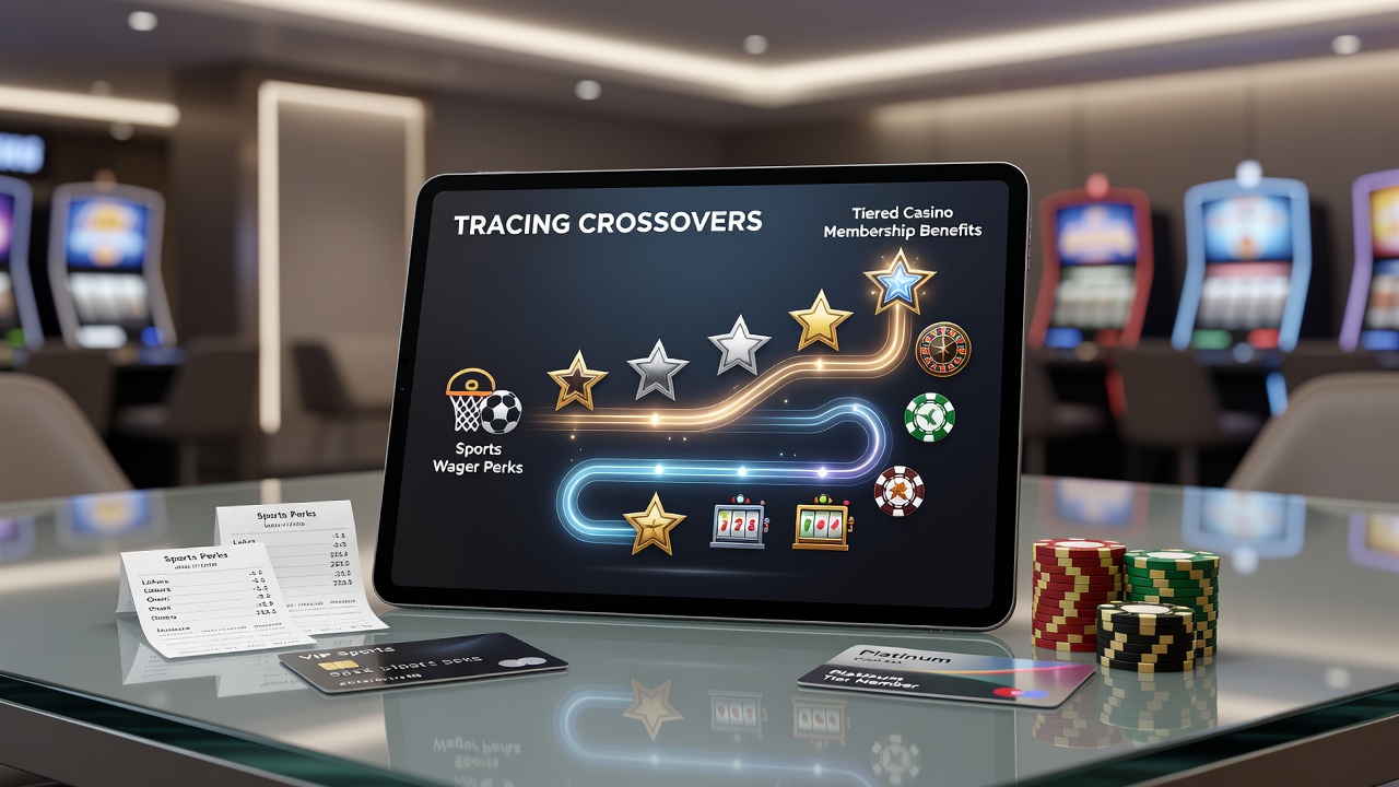 Infographic of a player journey crossing from sports betting interface to casino VIP lounge with tier badges
