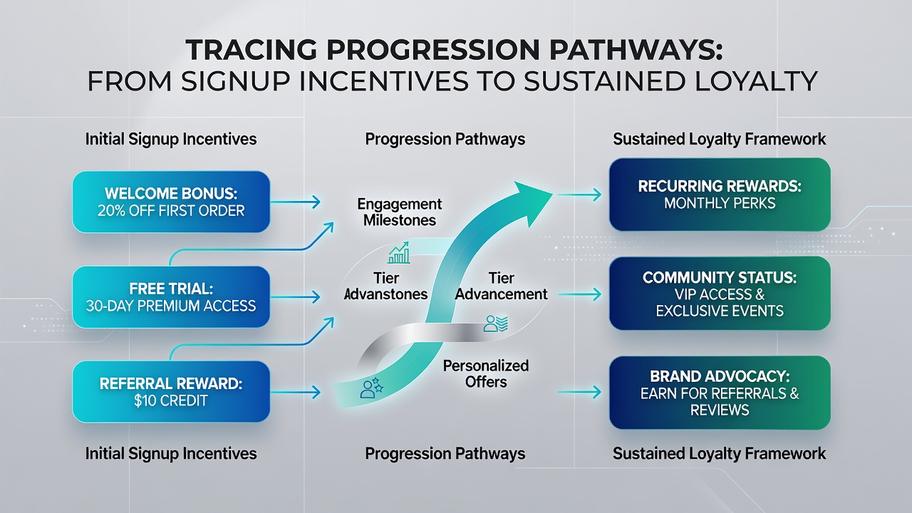 Illustration of tiered loyalty levels advancing from bronze to platinum with examples of hybrid platform rewards