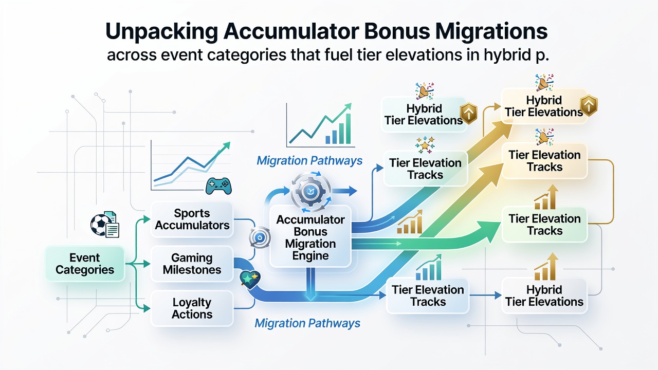 Illustration of player tier levels advancing through migrated accumulator bonuses across sports and casino sections